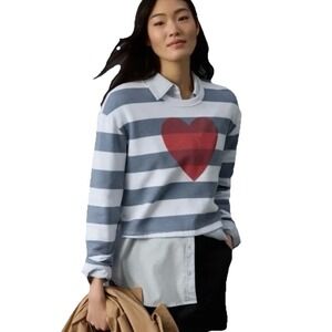 Sundry Striped Cropped Heart Shirt Medium Boxy Long Sleeve White Gray Side Split